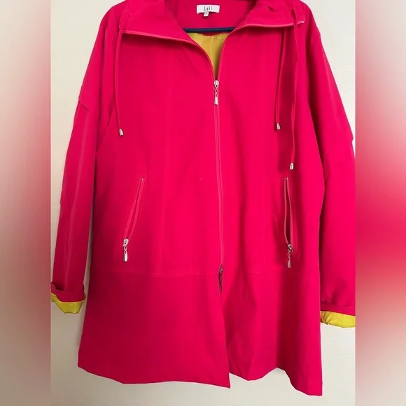Luii for Anthropologie Fuchsia Travel Hooded Jacket Yellow Lining Size L NWOT - Picture 4 of 15